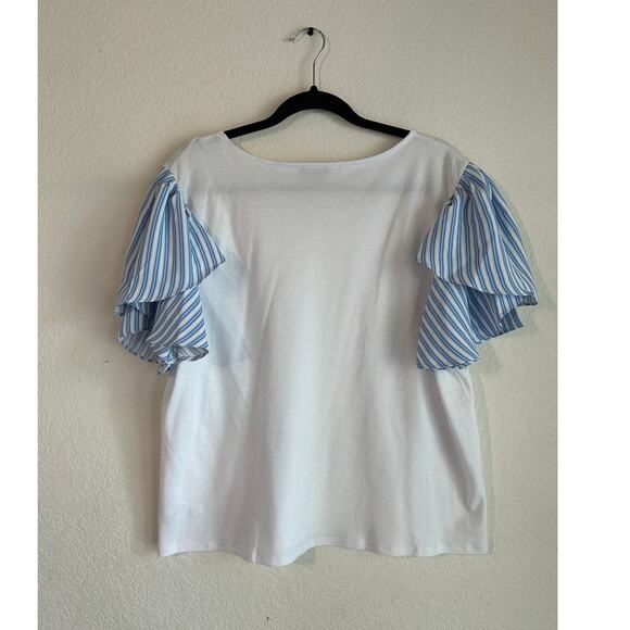 Vince Camuto Tulip Sleeve Mixed Media Blue White Relaxed Fit Top Size XL - Picture 5 of 9